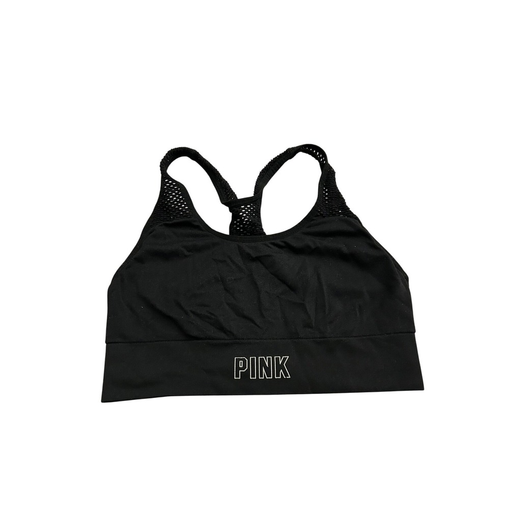 PINK Victoria's Secret Sports Bra Womens M Black Excellent Mesh Racerback Logo